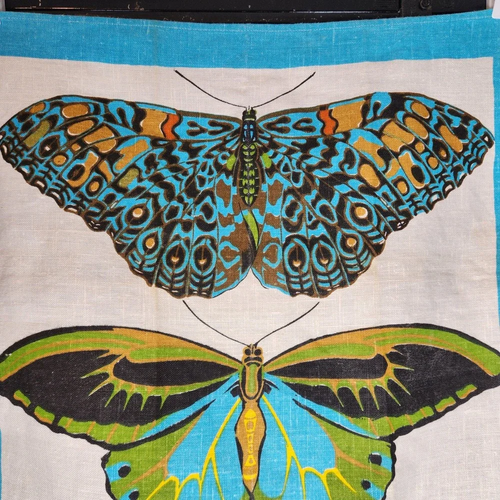Ken Scott Vintage Linen Butterfly Print Turquoise Rare